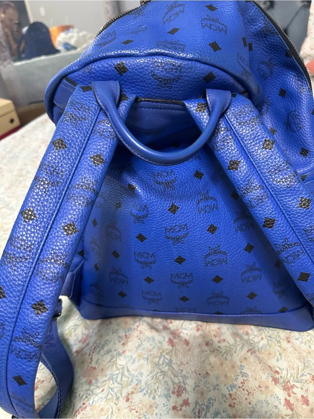 MCM Blue Visetos Studded Backpack